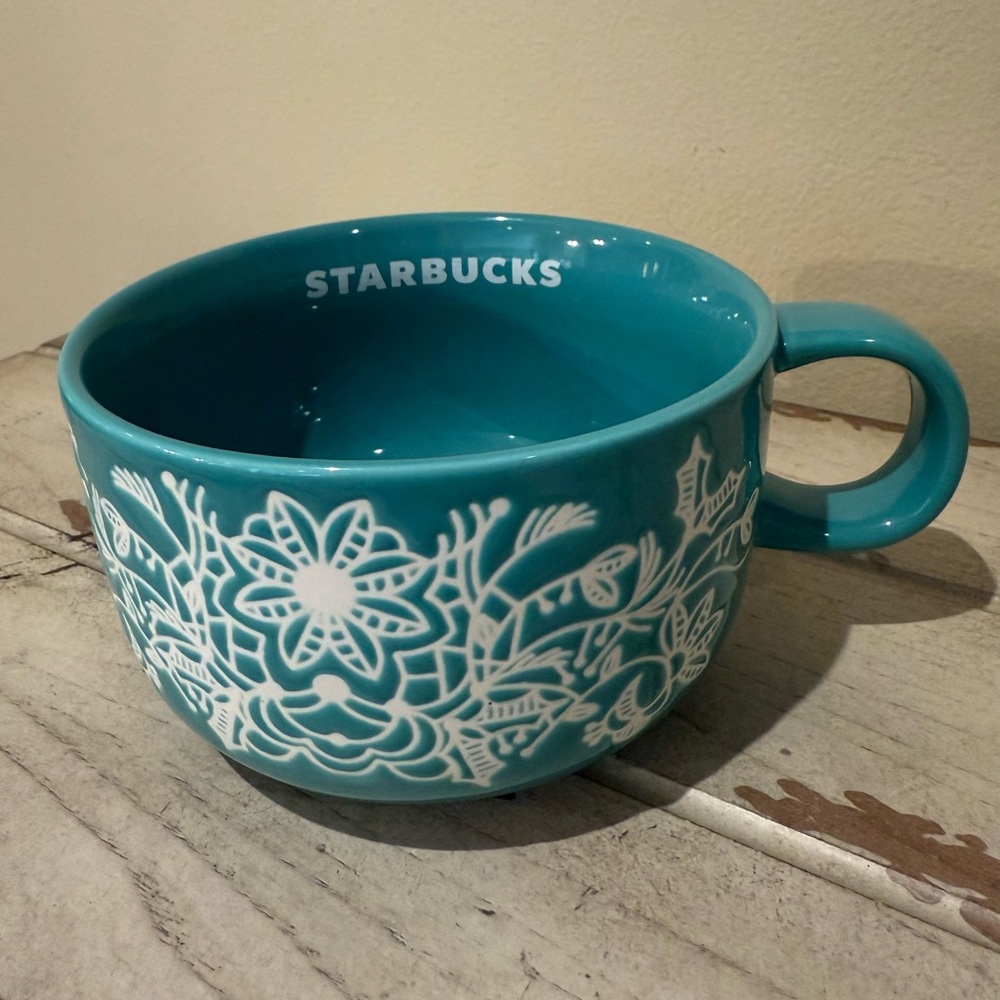 Starbucks 2022 Turquoise Holiday Textured Design Soup / Cappuccino Mug 16 oz